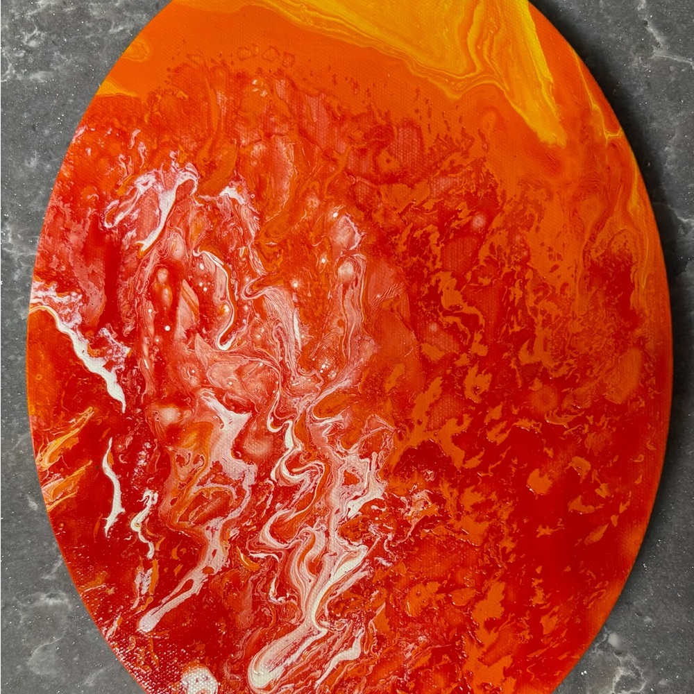 Hand painted Abstract Orange and Red Wall Art on oval stretched canvas 12” tall